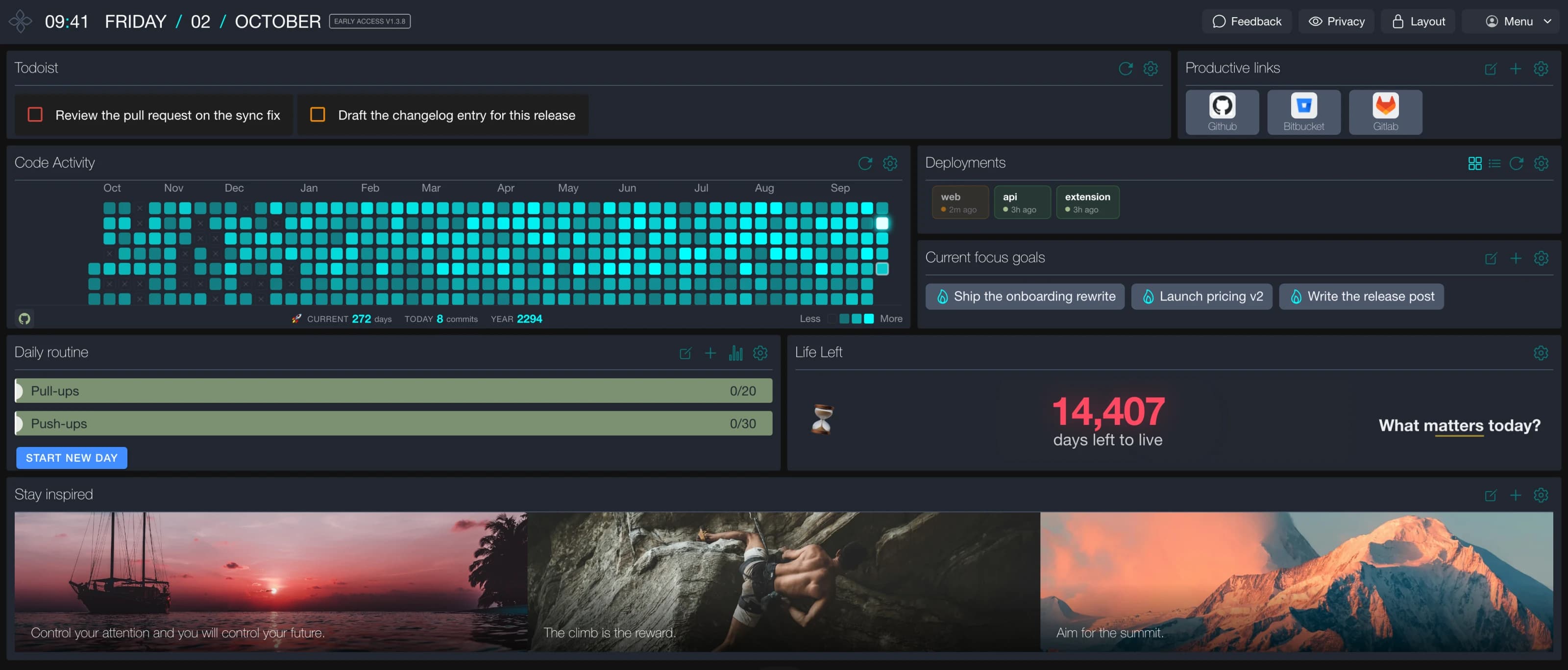 Ikizen dashboard with example goals, tasks, contributions and deployment status